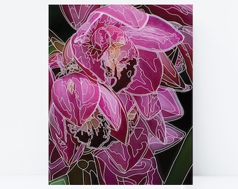 May include: Close-up of a pink orchid flower with white lines outlining the petals. The flower is in focus, while the background is blurred.
