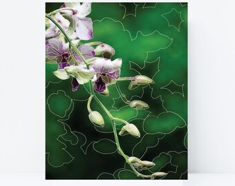 May include: A white and purple orchid flower with green leaves against a green background with a white pattern.