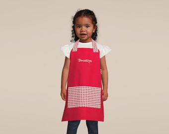 Kids Personalized Aprons - Red Gingham - Embroidered Name, Monogram, Preschool, Toddler Smock, Easter Basket Surprise