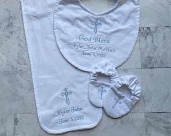 Custom Baptism Bundle - Bib, Burp Cloth and Shoes - Dedication, New Baby, Christening