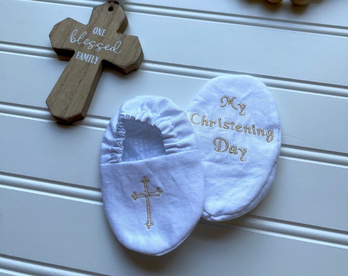 My Christening Day Personalized Infant Baptism Crib Shoes - Cross on Toe - Baby, Christening, Slippers, Godson, Goddaugther gift, Keepsake