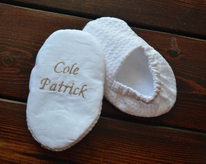 Baptism Crib Shoes - White Seersucker - Baby, Christening, Slippers, Godson, Goddaugther gift, Keepsake, Personalized Name and Date Infant