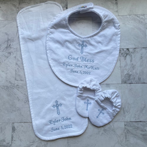 Custom Baptism Bundle - Bib, Burp Cloth and Shoes - Dedication, New Baby, Christening