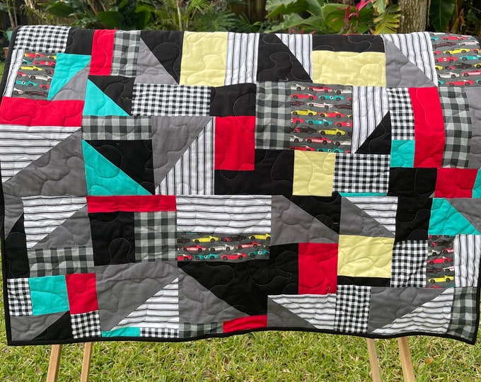 Vintage Racers Quilt - One Of A Kind - Upcycled OOAK Blanket, New Baby Gift, Handmade Gift