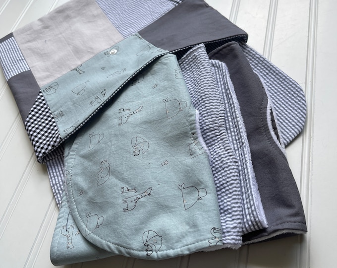 Handmade Baby Boy Gift Set - Grey & Baby Animals  - Shower Gift, Welcome Baby, Slippers, Baby Booties, Visor, Seersucker, Bib, Burp, Nursery