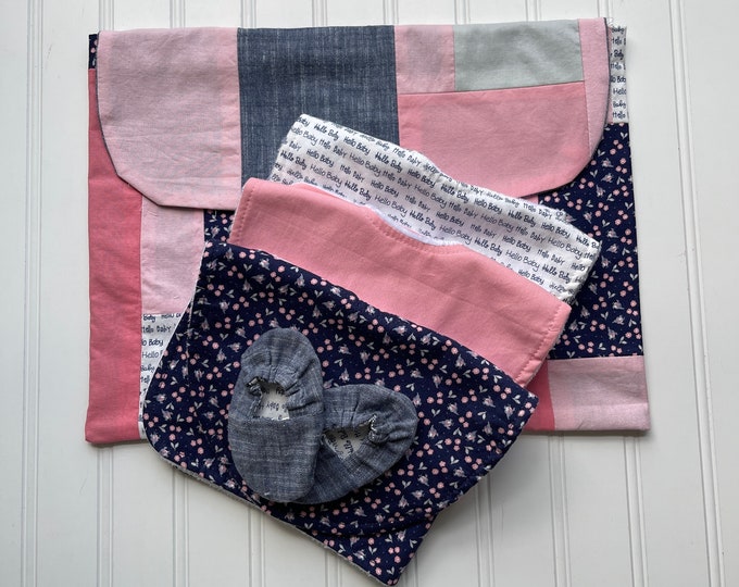 Handmade New Baby Gift Set - Baby Girl Pink Navy Floral  - Shower Gift, Welcome Baby, Slippers, Baby Booties, Visor