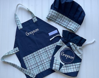 Kids Personalized Apron Gift Set - Matching Chef Hat - Gender Neutral, Kids Baking, Kitchen Play, Personalized Birthday Gift, Christmas Eve