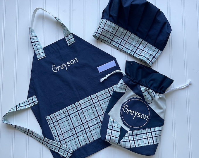 Kids Personalized Apron Gift Set - Matching Chef Hat - Gender Neutral, Kids Baking, Kitchen Play, Personalized Birthday Gift, Christmas Eve