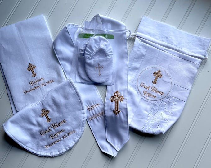 Custom Baptism Bundle - Bib, Stole, Towel and Shoes - Dedication, New Baby, Christening