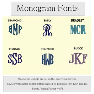 Monogram Fonts offered
Diamond EMF, Emily R, Bradley  MCR
Fishtail SSB, Rounded  HWE, Block  JKF
Monogram initials are set in the order you provide. For larger center letters should be listed as first, Last, middle
Sarah Jessica Parker sPj