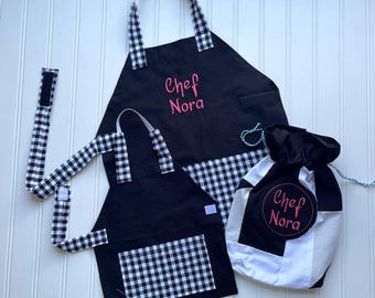 Personalized Kids Apron & 18" Doll Matching Set: Embroidered Chef Gift