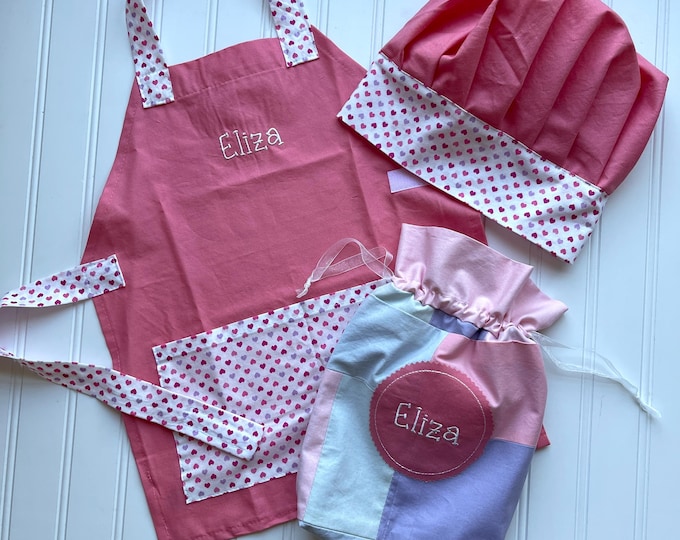 Personalized Kids Apron and Chef Hat Set: Embroidered Baking Outfit