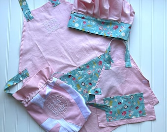 Personalized Deluxe 4-Piece Apron Set: Embroidered Kids Name, Doll Apron and Chef Hat