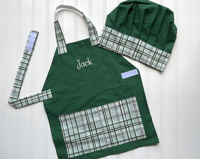 Boys Personalized Apron and Chef Hat Set - Kids Baking, Kitchen Play, Personalized Birthday Gift, Christmas, Dinosaurs