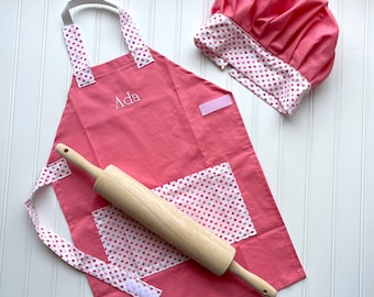 Little Chef Set - Kids Girls Personalized Aprons and Matching Hat - Pink, Purple, Kids Baking, Kitchen Play, Birthday, Kids Easter Basket