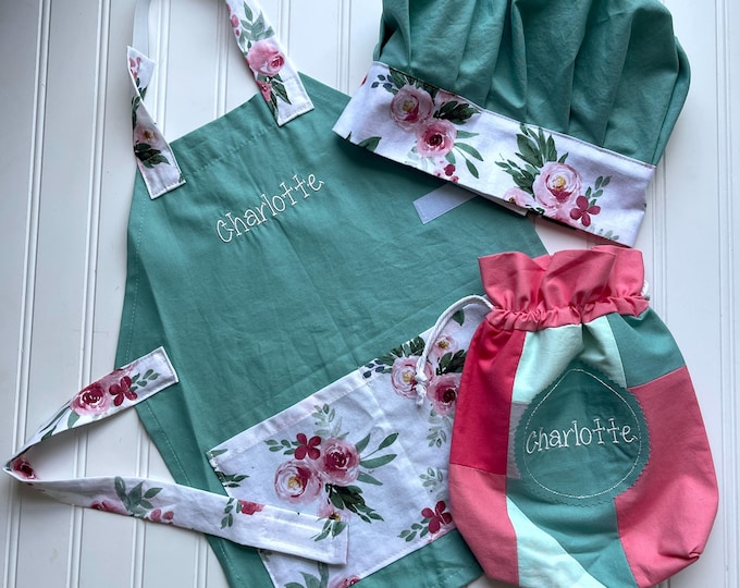 Personalized Kids Apron and Chef Hat Set: Embroidered Baking Outfit