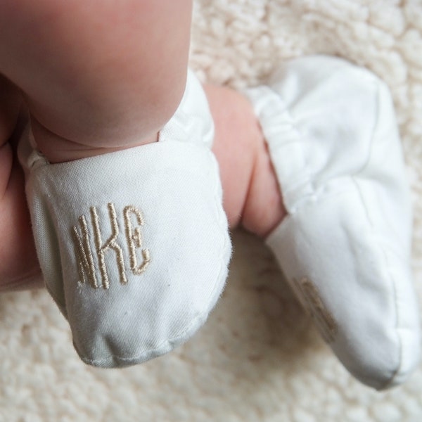 Monogrammed Infant Baptism Crib Shoes - White - Baby, Christening, Slippers, Godson, Goddaugther gift