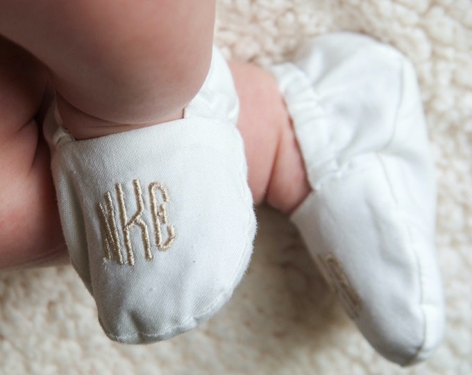 Monogrammed Infant Baptism Crib Shoes - White - Baby, Christening, Slippers, Godson, Goddaugther gift