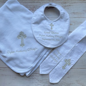 Custom Baptism Bundle - Blanket, Bib, Stole and Shoes - Dedication, New Baby, Christening