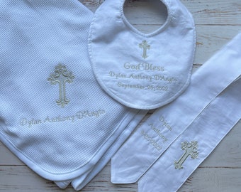 Custom Baptism Bundle - Blanket, Bib, Stole and Shoes - Dedication, New Baby, Christening