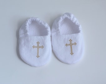 Embroidered Cross Infant Baptism Crib Shoes - White - Baby, Christening, Slippers, Godson, Goddaugther gift