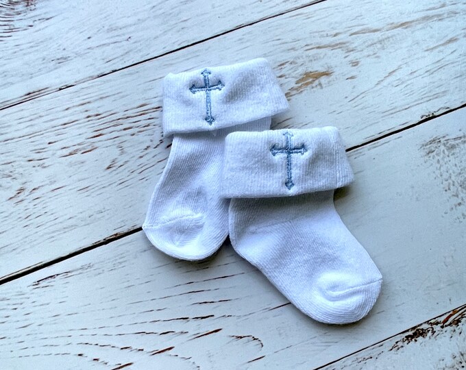 Embroidered Cross Infant Baptism Socks - White - Baby, Christening, Slippers, Godson, Goddaugther gift