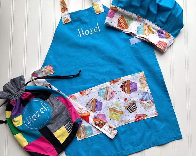 Birthday Little Chef Set - Kids Personalized Aprons and Matching Hat - Baking, Kitchen Play, Birthday, Christmas Gift