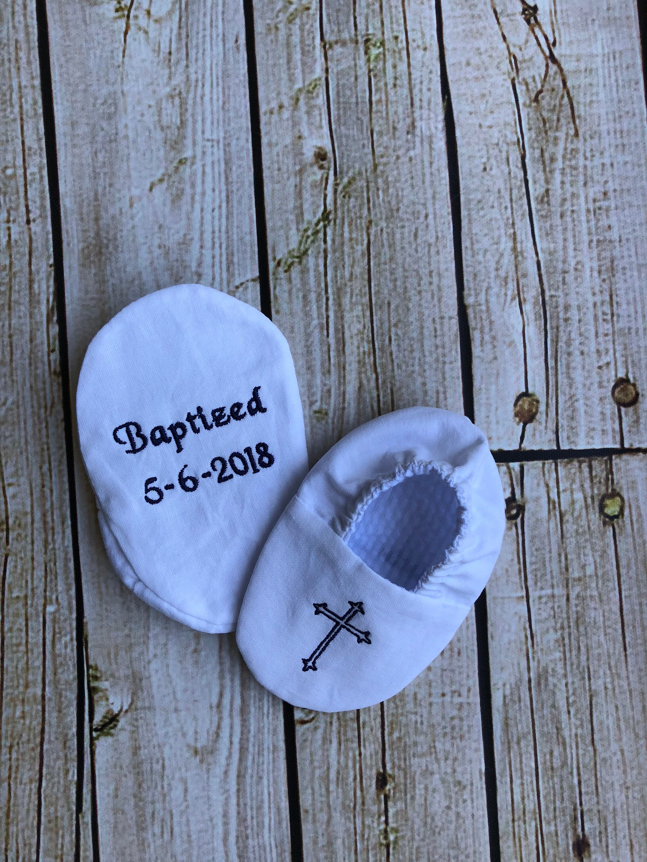 Personalized Name and Date Infant Baptism Crib Shoes Cross on Toe Baby Christening Slippers Godson Goddaugther gift Keepsake