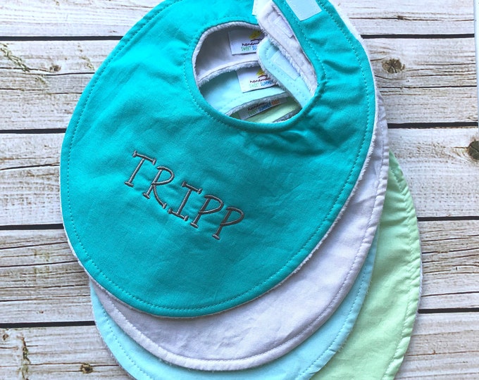 Handmade Boutique Baby Bib with Custom Embroidery - personalization - New Baby Gift, Monogrammed Baby Gift, New Baby Boy Baby Girl -