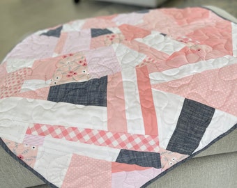 Handmade Baby Mini Quilt - Lap Quilt - One Of A Kind - Upcycled OOAK, Pink and Denim Mini Quilt, Wheelchair Quilt, Tummy Time Blanket