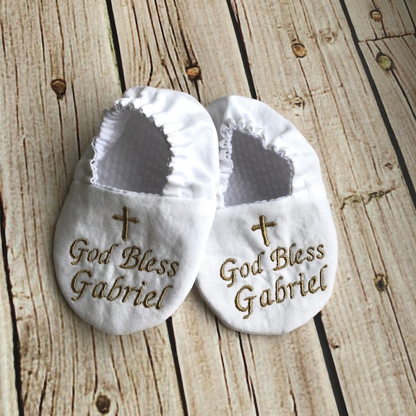 God Bless Baby Infant Baptism Crib Shoes -  Personalized with Name and Date, Christening, Slippers, Godson, Goddaugther gift, Keepsake