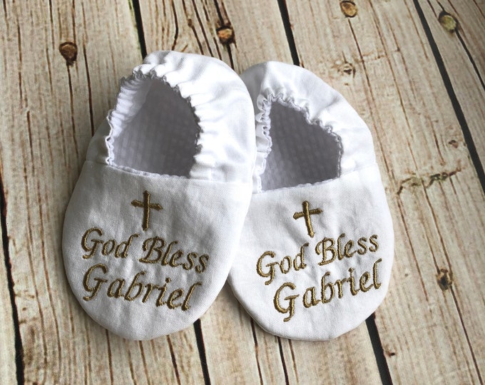 God Bless Baby Infant Baptism Crib Shoes -  Personalized with Name and Date, Christening, Slippers, Godson, Goddaugther gift, Keepsake