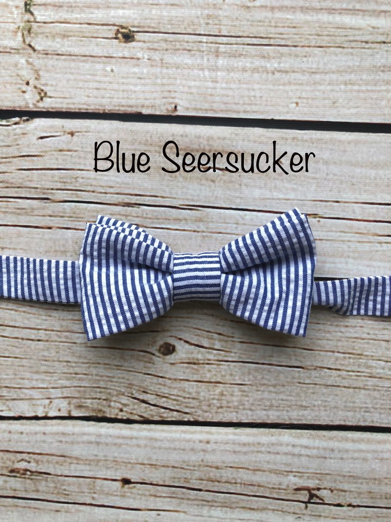 Little Boys Bowtie Child or Infant Choice of Plaids or Dots Fall Photos, Wedding, Ringbearer, Dress Up Blue Seersucker