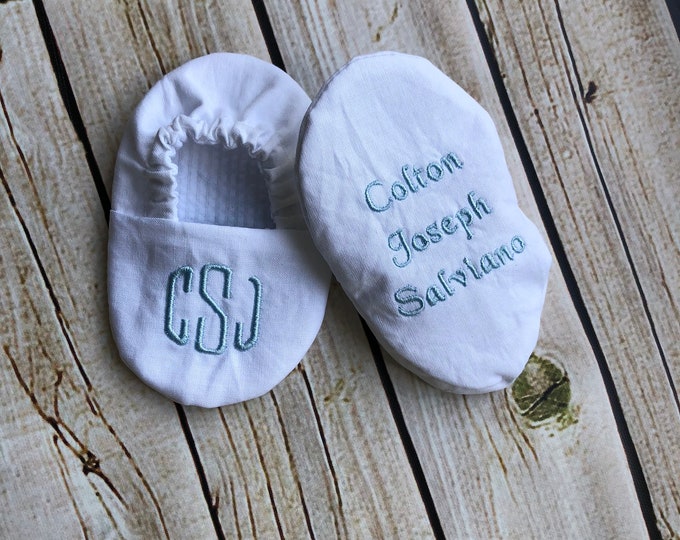 Monogram Name and Date Infant Baptism Crib Shoes -  Baby, Christening, Slippers, Godson, Goddaugther gift, Keepsake