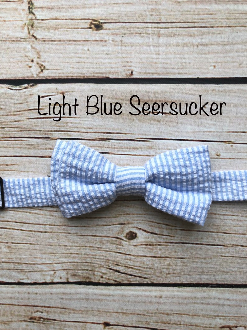 Little Boys Bowtie Child or Infant Choice of Plaids or Dots Fall Photos, Wedding, Ringbearer, Dress Up Lt Blue Seersucker