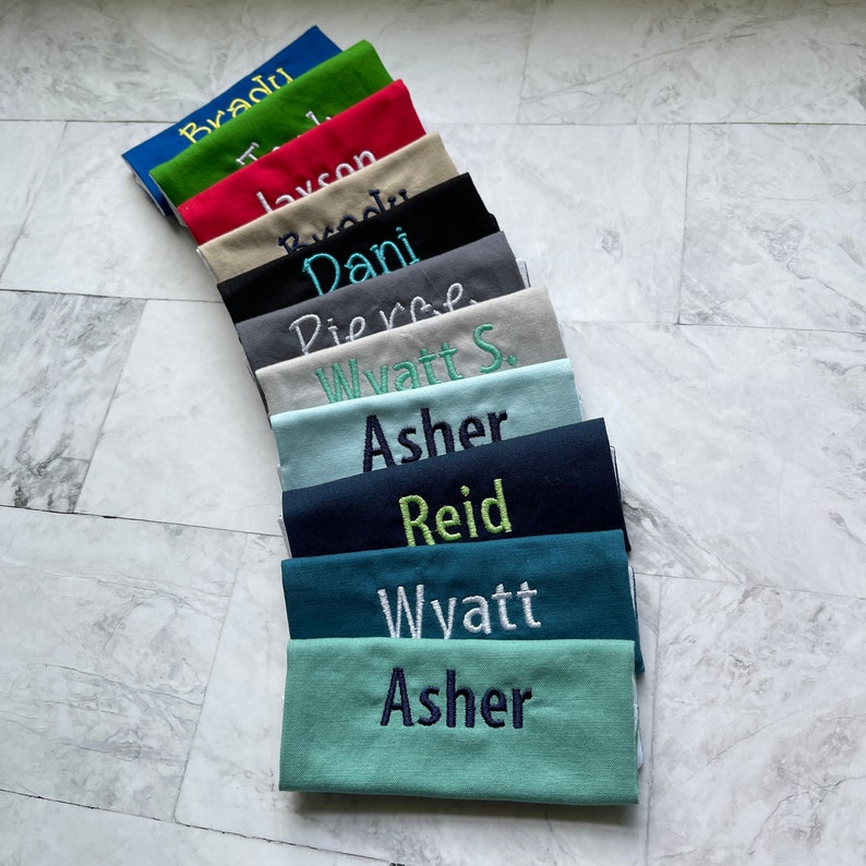 Personalized handle wraps with your choice of name or monogram in a variety of colors, sage, teal, navy, light blue, light grey, graphite, black, khaki, red, green, royal blue . Our handle wraps are 100% cotton with a strip of Velcro.