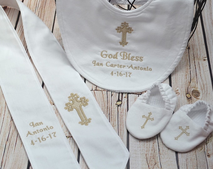 Custom Baptism Bundle - Bib, Stole, Towel and Shoes - Dedication, New Baby, Christening