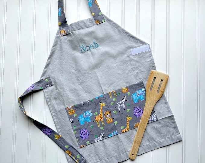 Handmade Kids Personalized Apron - Dinosaur, Video Game, Farm Zoo Animals - Preschool Gift, Birthday Boy Gift, Pretend Kitchen Accessories