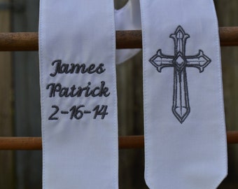 Heirloom-Quality Personalized Baptism/Christening Stole - White with Your Choice of Embroidery Color, Dedication, Christening, New Baby Gift