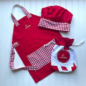 Personalized Kids Apron Gift Set: Boys Favorites, Embroidered Name, Chef Hat - Kitchen Play