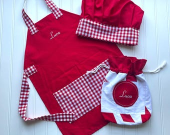 Personalized Kids Apron Gift Set: Boys Favorites, Embroidered Name, Chef Hat - Kitchen Play