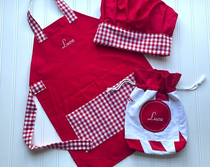 Personalized Kids Apron Gift Set: Boys Favorites, Embroidered Name, Chef Hat - Kitchen Play