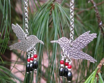 Hummingbird Earrings-Sterling-Hematite and Coral