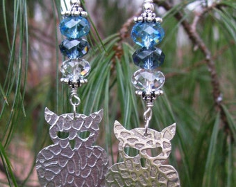 Textured Sterling Owl Earrings  with Crystal Accents