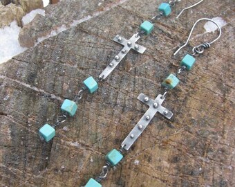 Faith Chains--Sterling and Turquoise Cube Bead Cross Earrings