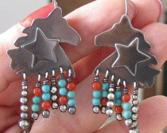Western Star Earrings with Turquoise and Coral Bead Accents