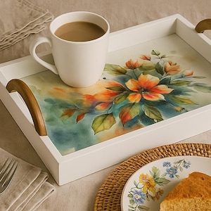 Handmade Floral Serving Tray, Watercolor Style Decorative Wood Tray with Handles, Colorful Coffee Table or Kitchen Gift for Her