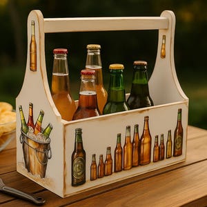 Handmade Rustic Wooden Drink Caddy, Whitewashed Beverage Holder with Handle, Farmhouse Bar Organizer, Picnic Beer Carrier, Gift for Him