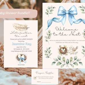 Inbjudningskort till babyshowerpaketet Blue Feather the Nest, välkomstskylt och lotterikort för blöjor, redigerbar Canva-mall