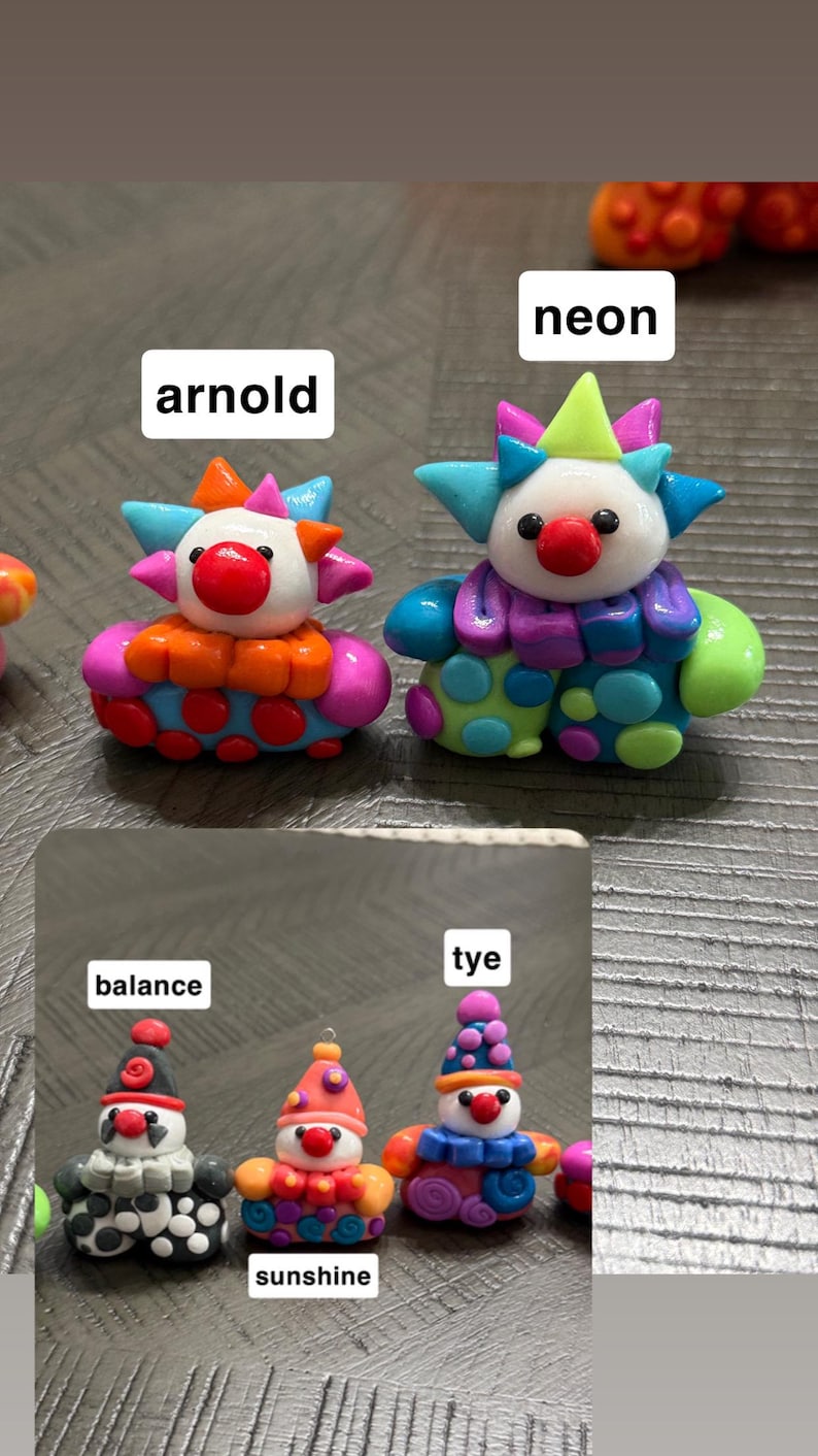 May include: Five small clown figurines made of colourful clay. The top two are labelled Arnold and neon. The bottom three are labelled balance, sunshine, and tye. Each clown features a white face, a red nose, and a unique colourful outfit with patterns.
